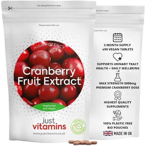 Cranberry Fruit Extract 5000mg | 90 Vegan Tablets | High Strength Cranberry Supplement for Men & Women | Supports Urinary Tract & Bladder Health | UK Made | Just Vitamins