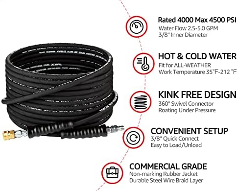 YAMATIC 3/8" Pressure Washer Hose Pipe Replacement 8M with Swivel Quick Connect for Cold & Hot Water Max 250°F, 275 Bar/4000 PSI Commercial Grade Steel Wire Braided & Rubber Jacket, Kink-Free
