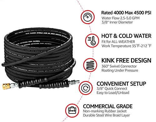 Yamatic 3/8" Pressure Washer Hose 50Ft Hot Water Power Washer Hose Max 212°F With Swivel Quick Connect, 4000 Psi Commercial Grade Steel Wire Braided & Synthetic Rubber Jacket, Kink Resistant #TOP1