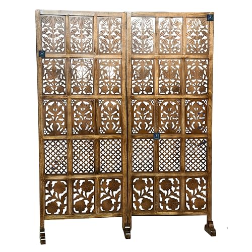 Image of Wooden Room Partition /Screen /Room Divider /Room Separator Burnt Wood Finish (Hand Buffing) Frame Traditional Handicrafts 6Ft Height (30 Inches Width 2 Panel)