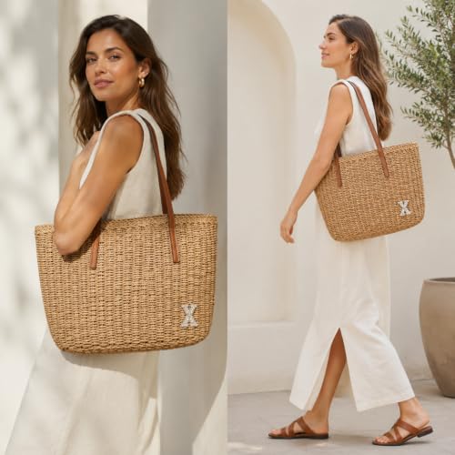 Image of YXILEE Straw Bags For Women | M Size Travel Straw Totes Bag Woven Summer Handmade Shoulder Bag Handbag