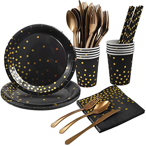 Dokpav Vajilla Desechable Negro y Dorado,80PCS Platos de Papel Vasos Pajitas de Papel Servilletas Cucharas Tenedores Cuchillos,Suministros para Cumpleaños/Fiestas/Bodas/Aniversarios para 10 Invitados