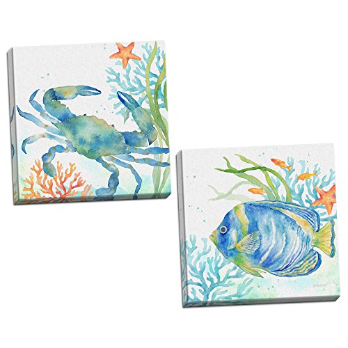 Roaring Brook Lovely Watercolor-Style Tropical Fish and Crab Underwater Set by Cynthia Coulter; Coastal DÃ©cor; Two 16x16in Hand-Stretched Canvases