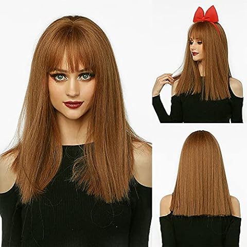 Peluca larga recta marrón con flequillo para mujer Cover