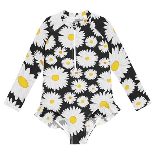 Girls One Piece Swimsuits Long Sleeve Swimsuit Zipper Bathing Suits White Flowers Daisies on Black