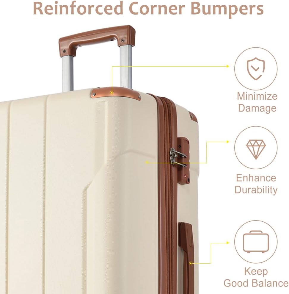 28 Inch Checked-Large Luggage, Hard Shell Suitcase with Spinner Wheels, Lightweight Expandable ABS Luggage with TSA Lock, Corner Guards, Ergonomic Handle (Brown White)