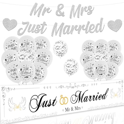 Just Married Wedding Party Decorations - Mr & Mrs Silver and White 25 x 150cm Banner 23pcs Just Married Confetti Heart Balloons Decor for Bridal Shower and Engagement Party