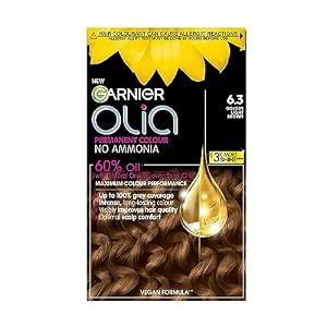 Garnier Olia Permanent Hair Dye, No Ammonia, Full Grey Coverage, Long-lasting Colour & Shine, Vegan Formula, Colour: 6.3 Golden Light Brown, 230g