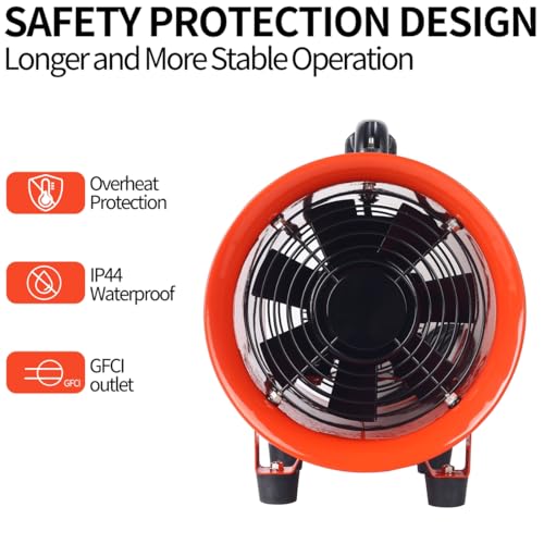 Ventilador de extracción portátil de 8 pulgadas con manguera, ventilador industrial de ventilación de 1070 CFM | 230 W, carcasa de acero, protección GFCI e IP44 para talleres y espacios reducidos miniatura 2