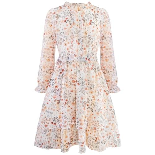 Girls Fall Long Sleeve Dress Floral Ruffle Flower Girl Formal Party Holiday Midi Dresses with Belt 5-14 Years 6-7 Years Beige Flower