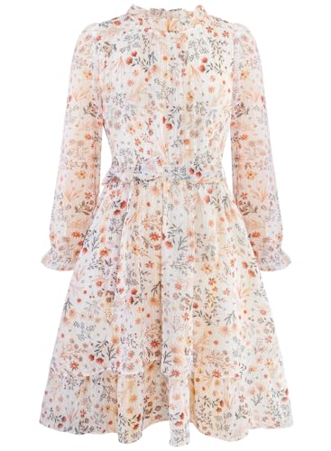 Girls Fall Long Sleeve Dress Floral Ruffle Flower Girl Formal Party Holiday Midi Dresses with Belt 5-14 Years