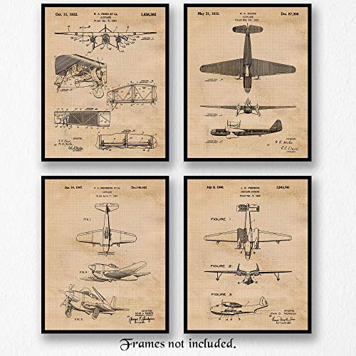 Vintage Airplane Patent Poster Prints, Set of 4 (8x10) Unframed Photos, Wall Art