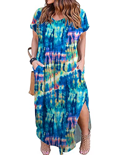 Image of Kancystore Women's Plus Size Dresses Summer Casual Loose Pocket Short Sleeve Slits Long Maxi Dress XL-5X