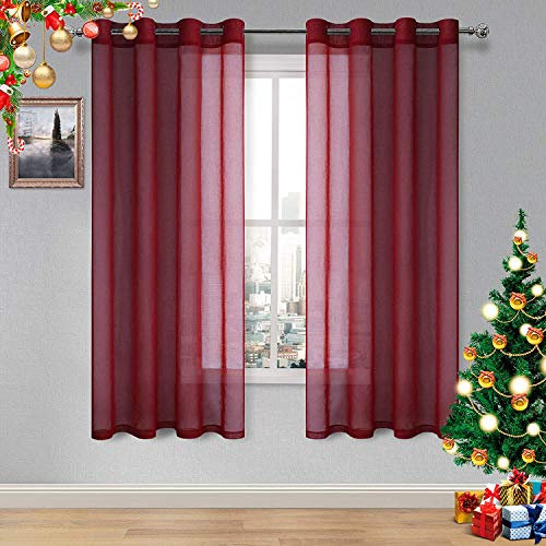 DWCN Sheer Curtains, Faux Linen Grommet Window Curtain Voile Sheer Drapes for Living Room Bedroom Thanksgiving Day & Christmas Decor Set of 2 Panels 52 x 63 Inch Long, Burgundy Red