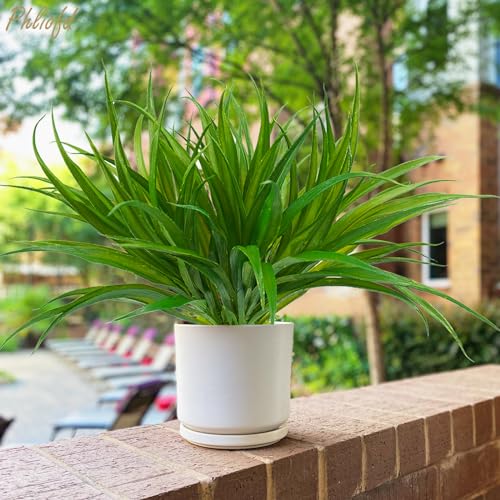 Phliofd 16Pcs Artificial Grass Fake Plants 17.3in 16 Leaves Outdoor Fake Grass UV Resistant Greenery Plastic Plants for Home Window Garden Patio Hanging Planter Pathway Front Porch Décor Green