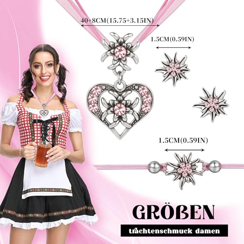 TOWLEING 4 Stück Trachtenschmuck Damen Edelweiß Trachtenkette Armband Ohrstecker Dirndl Schmuck Elegantes Dirndl Schmuck Damen für Dirndl oder Lederhose Hochwertiges Trachtenschmuck Set
