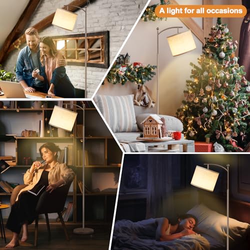 Image of Ambimall 60 inch Floor Lamp for Living Room with 3 Color Temperatures, Adjustable Beige Shade with Brown Pole, Tall Lamp for Bedroom Office Classroom Dorm Room, 9W Bulb Included
