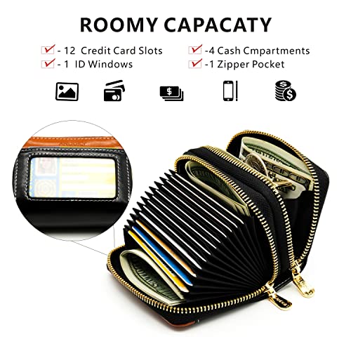 ANDOILT Small Genuine Leather Wallet for Women Men RFID Blocking Identity Safe Double Zipper Accordion Credit Card Holder Keychain Wallets Black4