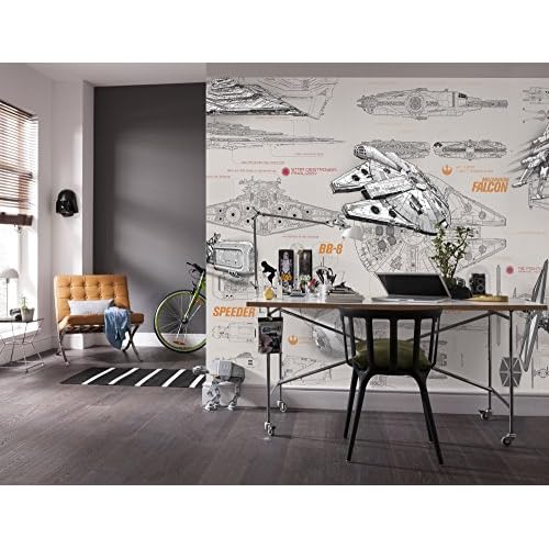 Komar Fototapete Star Wars BLUEPRINTS-368 x 254 cm-Tapete, Wand, Dekoration, Wandbelag, Wandbild, Wanddeko, Gezeichnet, Raumschiff-8-493, Vinyl, Mehrfarbig, 368 x 0.2 x 254 cm, 8