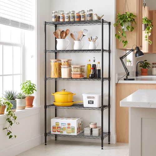 Image of BestOffice | 5-Tier Wire Shelf with Wheels | 14 inch x 30 inch x 60 inch | Black | Storage Shelves Metal Shelving with Adjustable Racks, Holds upto 750 lbs | Rust-Resistant No-Tool Assembly | For Home Garage