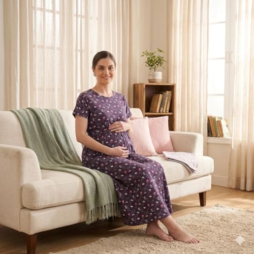 Image of Zero Clothing Feeding Dress for New Moms Casual Loungewear Ankle Length | Cotton Maternity Nighty | Zipless Feeding Dresses for Women | Pregnancy & Nursing Wear