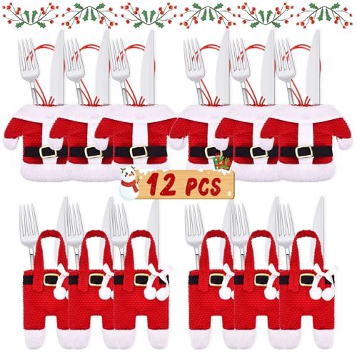 Idota 12 piezas Porta Cubiertos Navidad, Decoracion Mesa Navidad, Porta Cubiertos Disfraz de Papá Noel, Cuchillo Tenedor Decoracion Navidad