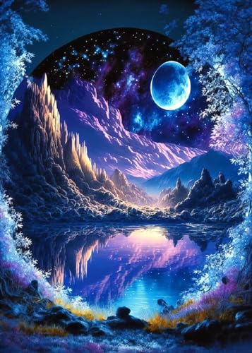 KINPLUB 5D Diamond Painting Kits for Adults, Blue Moon Landscape Diamond Art Kits for Beginners, DIY Full Round Drill Dream Night Paint with Diamond Pictures Gem Art, Home Wall Decor 12 x 16 Inch