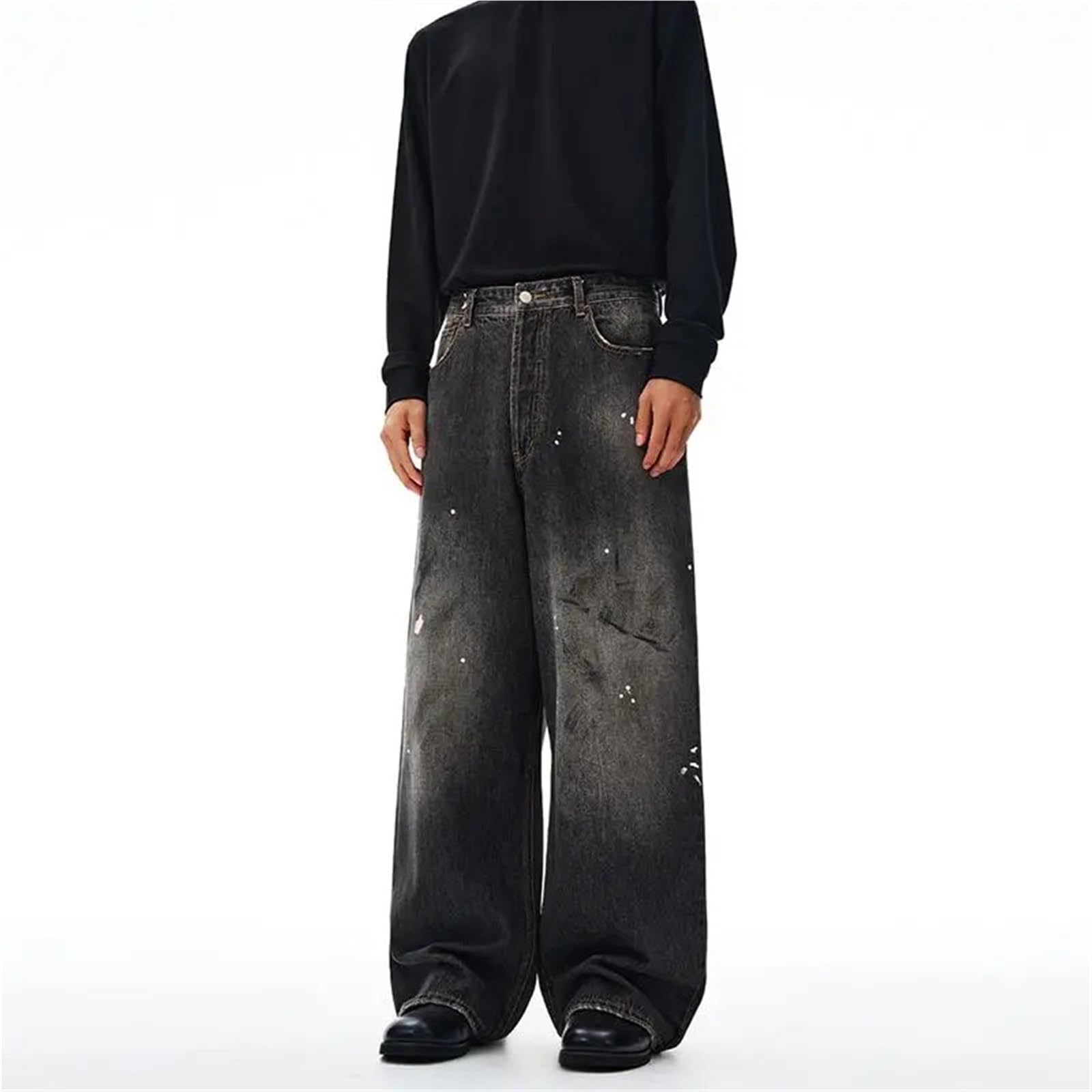 Uomini e Donne lavano Il Pavimento, Coppie Curve, Versatili, Pantaloni Lunghi Casual a Gamba Dritta, Jeans Larghi, Tinti di Sporco schizzati d'inchiostro per Il Tempo Libero E Le Vacanze