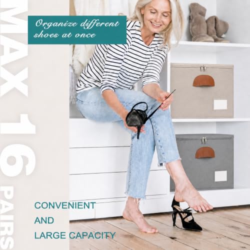 Image of 2 Pack Shoe Organizer for Closet Foldable Storage Box with Clear Cover | Fits 16-32 Pairs Boots and Heels Sneaker Sandals Stackable with Adjustable Divider Space Saving Dorm Grey
