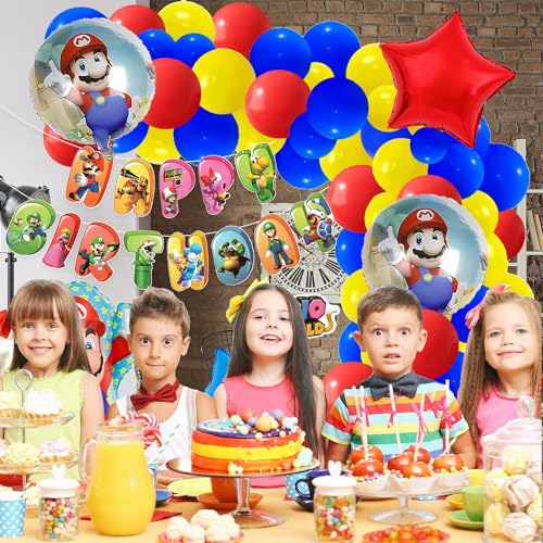 Image of Rozi Decoration Latex, Foil, Cardstock Mario Theme Birthday Decoration Items Combo Kit Set Of 51 Pcs Super Mario Theme Birthday Decoration | Kids Birthday Decoration Items For Boys,Multicolor