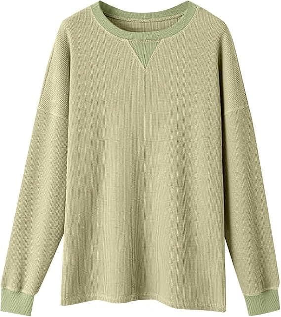 FMCHICO Long Sleeve Waffle Knit Top Crew Neck Oversized Womens Casual Tops Plus Size Sweatshirt for Women