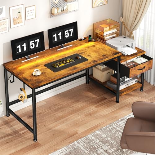 Image of DurayLoly 56 inch Computer Desk with Printer Shelf & Power Outlets - Reversible Gaming Desk with LED Lights, Drawer & Headphone Hook for Teen Bedroom, Dorm, Home Office, Rustic Brown