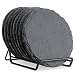 8-Pack Slate Stone Coasters Set with Steel Stand - Round Black Natural Edge Stone Drink Coasters for Bar and Home - 3.8 Inches in Diameter