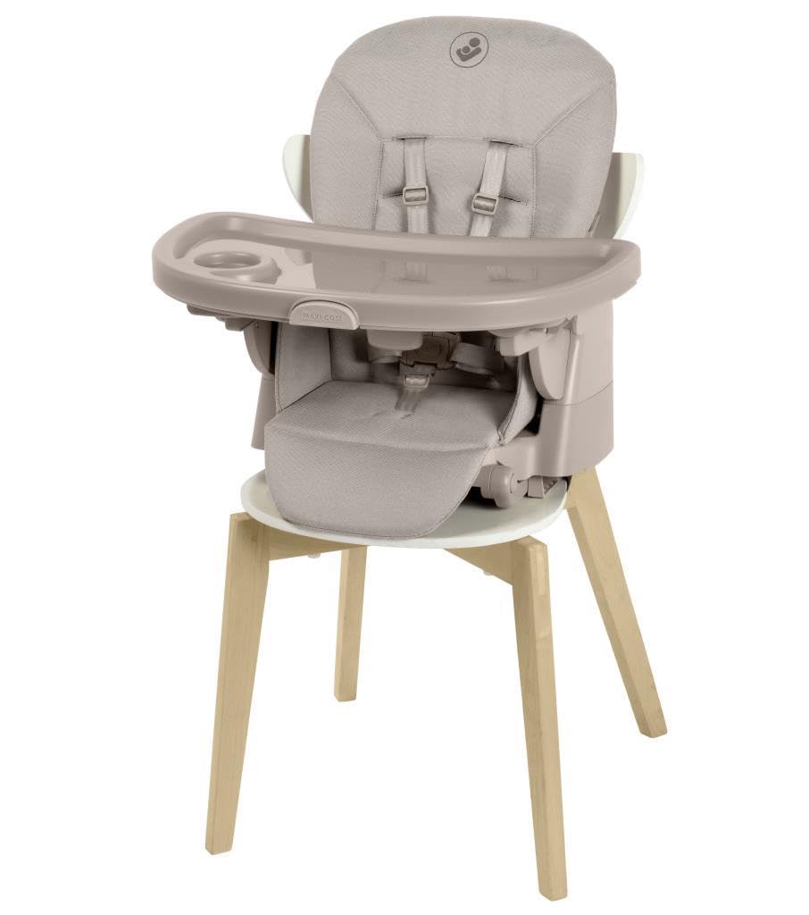 Maxi-Cosi Minla Plus, chaise haute évolutive de 0 à 14 ans (0–60 kg), avec plateau pivotant à une main, 4 roues, 9 hauteurs, 5 inclinaisons, pliable compact, Elegance Beige.