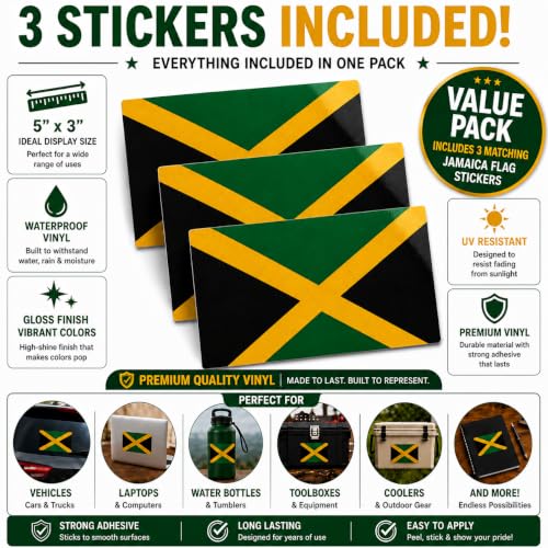 Image of Jamaican Flag Vinyl Flag Stickers, Car Decals, Waterproof Indoor Outdoor, Laptop Stickers, Car Bumper, Jamaica Flag, 5 x 3 Inches, Set of 3