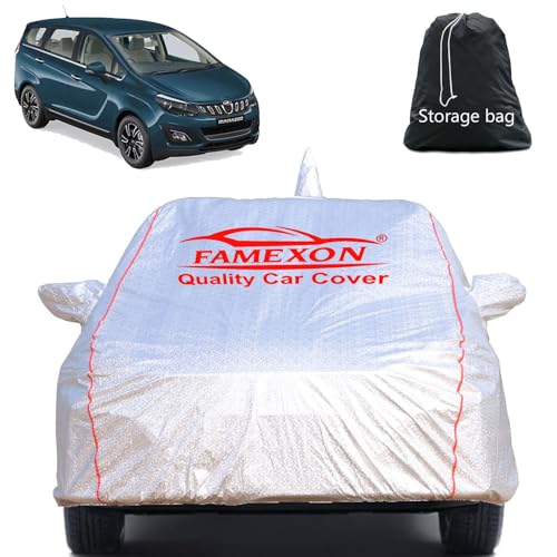 Image of Full Body Car Cover for Mahindra MArazzo with Mirror and Antena Pocket Triple Stiched(Silver with Red Piping)