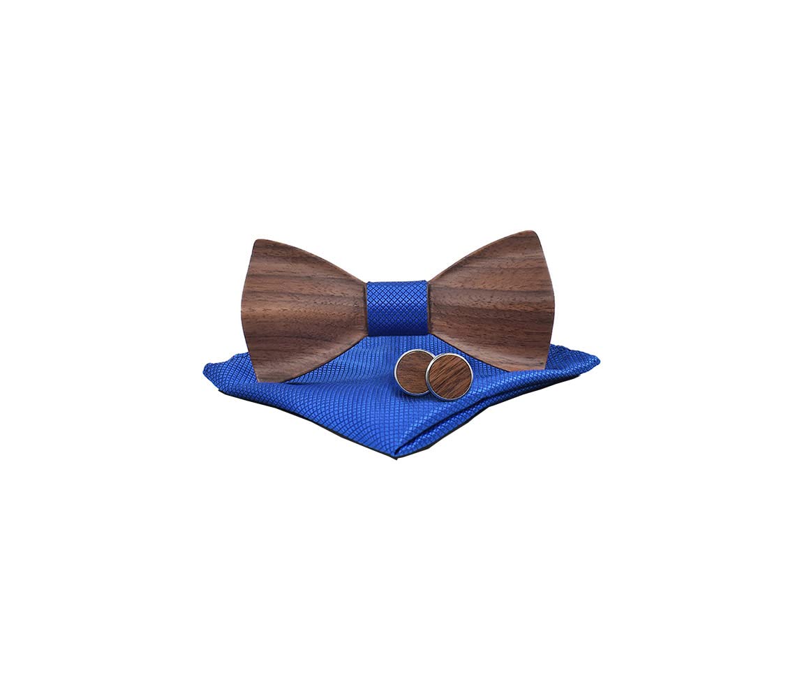 Desconocido Gemelos clásicos de madera para hombre, pajarita de novio, padrino, pajarita, juego de pañuelo cuadrado a juego con caja de regalo, Azul Real, talla única