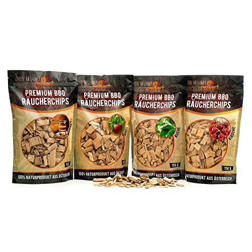 grillart® Premium BBQ Räucherchips Mix 4er XL Set für das besondere Raucharoma – sehr rauchaktives Räucherholz/Holzhackschnitzel – Vorteilspack 4X 750g Beutel