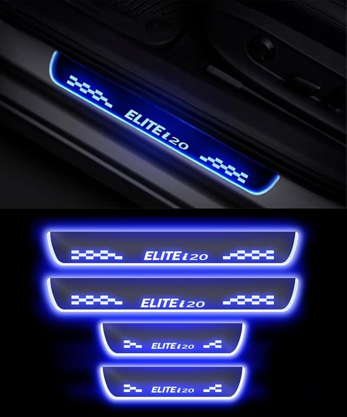 Image of Fabtec Car Door Foot Step Led Sill Plate Compatible with Hyundai Elite i20, Anti-Scratch Reflective Mirror Finish, Blue Light, Set of 4 Pcs (6 Months Warranty)