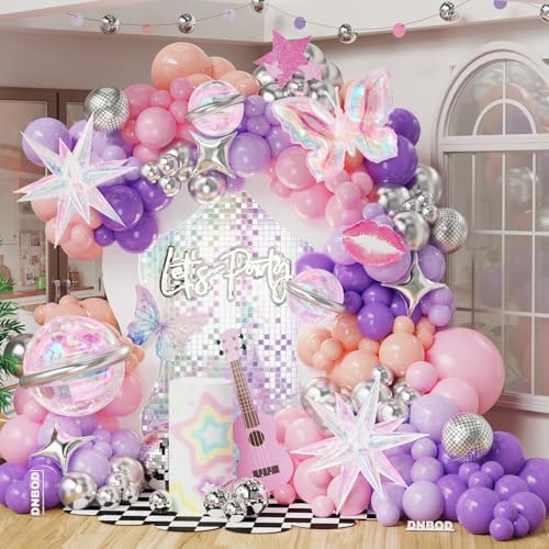 Space Disco Party Balloon Arch Kit 165Pcs Pink Purple Silver Balloon Garland with Iridescent Explosion Star Planets Butterfly Disco Foil Balloons for KPop Music Hunter Back to 80s 90s Party Decoration