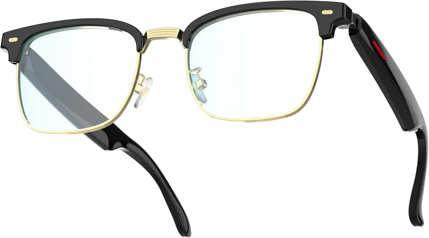 Premium Bluetooth Smart Glasses with Open Ear Audio, Built-in Microphone for Hands-Free Calls, Voice Assistant Compatible, Lightweight Clear Lens Eyewear – Black Gold