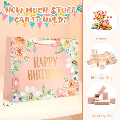 Image of JMANNI Large Happy Birthday Gift Bag with Tissue Papers and Greeting Card,Portable Paper Gift Bags with Handles,Pink Floral Present Bags for Women Birthday Party Mother's Day 13 inch x 10.2 inch x 4.7 inch