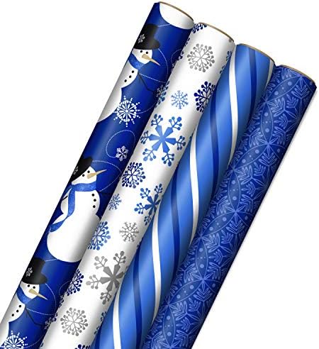 Hallmark Image Arts Blue Christmas Wrapping Paper with Cut Lines on Reverse (4 Rolls: 120 sq. ft. ttl) Snowmen, Snowflakes, Blue and White Stripes
