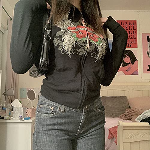 Vintage Zip Up Hoodie For Women Rhinestone Graphic Sweatshirt Hoodies Y2K Aesthetic Long Sleeve Jacket With Pockets(A-Black,S) #TOP5