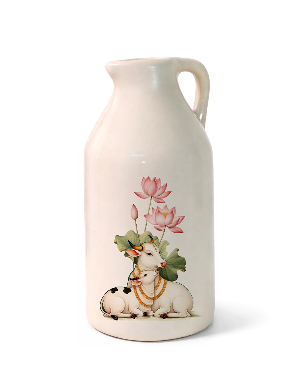 Ceramic Striped Vase with Handle | Traditional Indian Pichwai Style Flower Vase | Kamadhenu Cow and her Calf Adorned Jug Vase | Home Decor for Living Room, Table & Shelf | Medium | Pitchwai Art-image-7