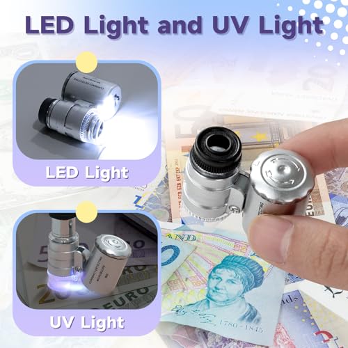 JUOIFIP Juwelier Lupe 60X mit Licht Mini Mikroskop,Taschenmikroskop Edelsteinelupe mit LED/UV Licht Trichome Lupe Handy Mikroskop Vergrößerungsglas für Enge Arbeit, Schmuck,Münzen,Briefmarken