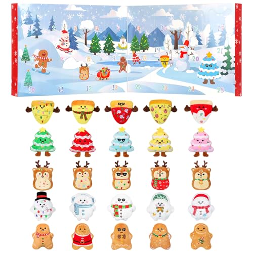 Advent Calendar 2025 Kids Emotional Plush-25 Days Cute Support Buddly Mini Plush Advent Calendar with Snowman Reindeer Gingerbread Pizza Christmas Tree, Christmas Gift Stocking Stuffers for Teens Girl