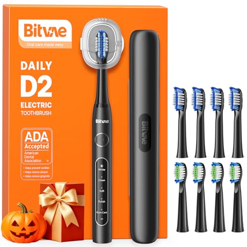 Bitvae D2 Ultrasonic Electric Toothbrush for Adults and Kids, Electric Toothbrush with Rechargeable Power, 8 Toothbrush Heads and 5 Modes, Black