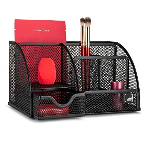 Makeup Organizer with 6-Compartment and Pull Out Drawer | Countertop Cosmetic Storage Box Caddy | Bathroom & Bedroom Display Case For Makeup, Lipstick, Brushes, Mirror | The Mesh Collection, Black