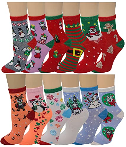 Ayla 12 Pairs Pack Kids Girls Colorful Creative Fun Novelty Design Crew Socks (6-8, Christmas)2